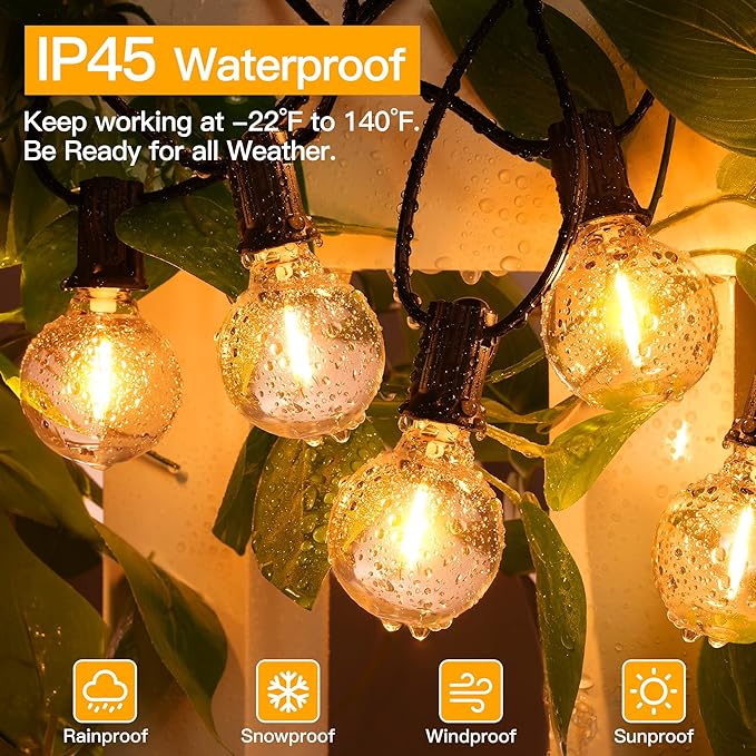 Ollny 100FT Outdoor String Lights, Waterproof Connectable Shatterproof Outside Light with 50 Edison + 3 Spare LED Bulbs Plug in, Patio Lights for Indoor Balcony Porch Camping Deck