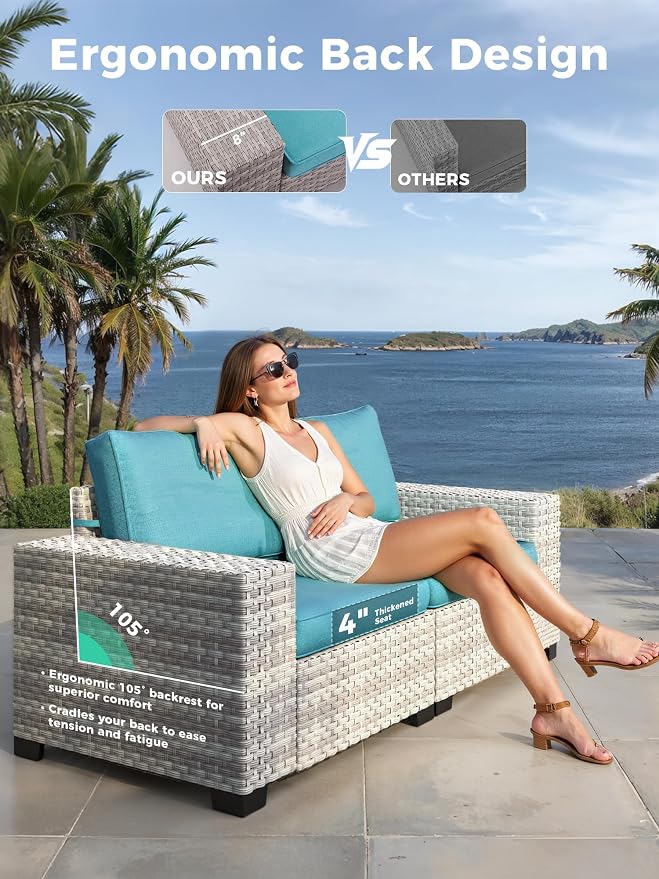 7 Piece Outdoor Wicker Sectional Sofa Set with Fire Pit Table, 5-Seats Conversation Set with 4" Thickened Cushions & Coffee Table, All-Weather PE Rattan for Garden, Backyard, Porch, Turquoise
