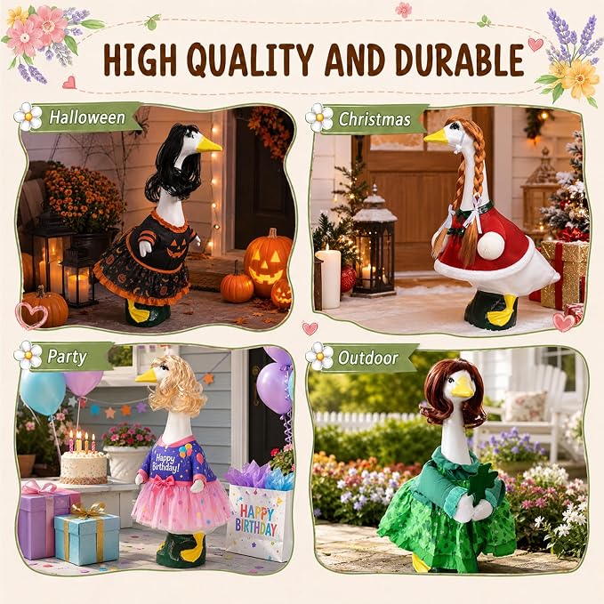 4Pcs Porch Goose Wigs Set Porch Goose Outfits Accessories for Outdoor Statue Accessories Garden Patio Yard Goosey Decoration (4pcs Set with False Lashes)