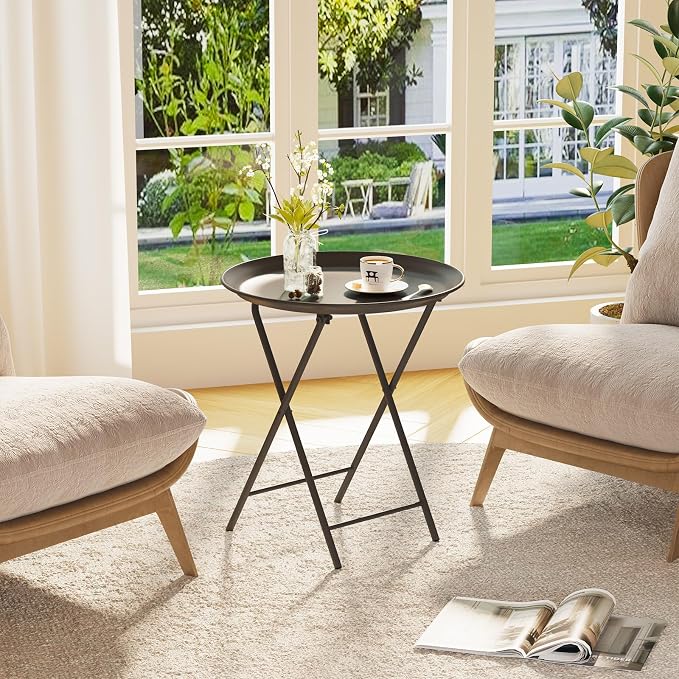 Garden 4 you Folding TV Tray Table, Metal Round Side Table, Black Dinner Table with Metal Frame, Modern Outdoor Tray Table for Living Room, Bedroom, Patio & Small Spaces, 2 Packs