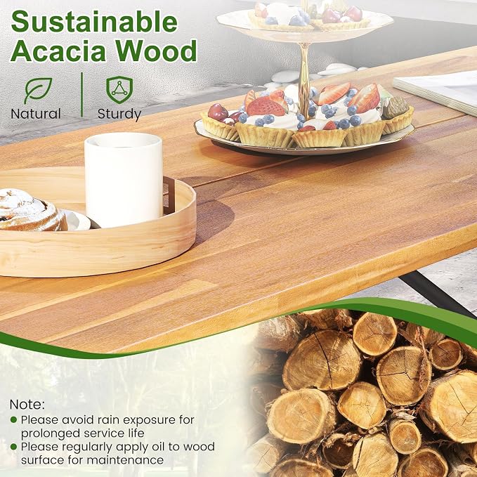 HAPPYGRILL Picnic Table Bench Set for 4, Acacia Wood Dining Table and Bench Set with Heavy Duty Metal Frame, for Patio, Porch, Garden and Backyard