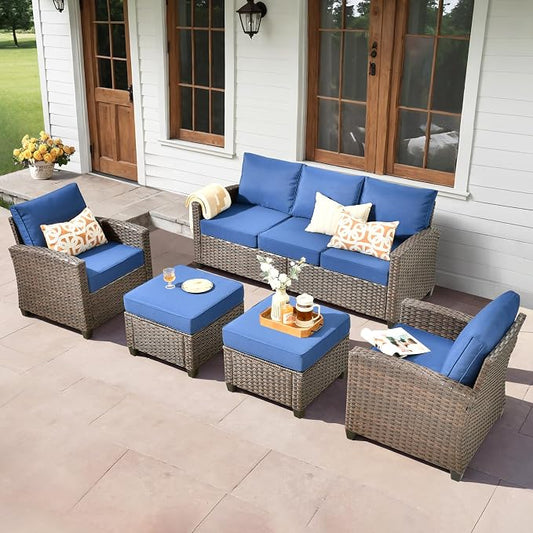 ovios 5 Pieces Patio Furniture Set, Outdoor Wicker Sofa Couch with Chairs Comfy Cushions, All Weather Brown Rattan Conversation Set for Backyard Deck Porch, Navy Blue