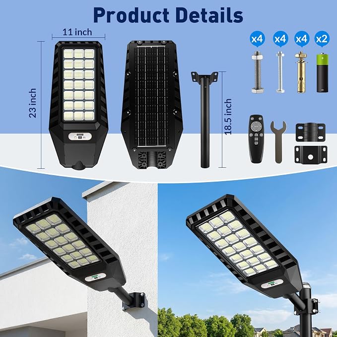 2-Pack Solar Street Lights Outdoor, 23” Large Solar Lights Outdoor Waterproof with Motion Sensor, 6500K LED Flood Lights, Dusk to Dawn Commercial Security Parking Lot Light for Driveway Yard Garden