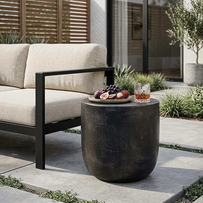 Outdoor Side Table Patio Concrete Side Table Round Drum End Table Faux Stone Side Tables Travertine Small Coffee Tables, Garden Stool Plant Stand for Backyard, 15.5" *15.75" Cylindrical, Black