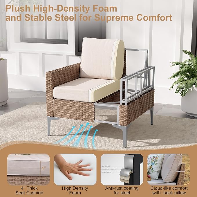 JOYURE 2 Pieces Patio Single Sofa Chairs Outdoor Sofa Armchairs with Anti-Slip Cushions and Waterproof Cover for Balcony,Deck,Beige