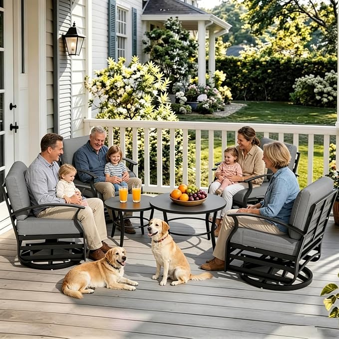 Gotland 6 Piece Patio Set, Aluminum Outdoor Swivel Chairs Set with Round Table 5.1’’ High-Resilience Seat Cushions 29.5" Deep Seating, Metal Patio Furniture Set Patio Conversation Sets, Grey