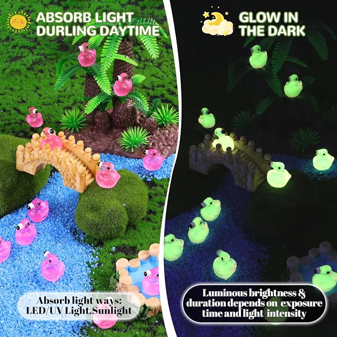 TINKRSTUFF 200PCS Mini Resin Animals Cute Rose Pink Tiny Flamingo Ducks Glow in Dark, Miniature Figures to Hide, Small Animal Accessories Bulk for Topper Garden Dollhouse Ornaments DIY Crafts & Decor
