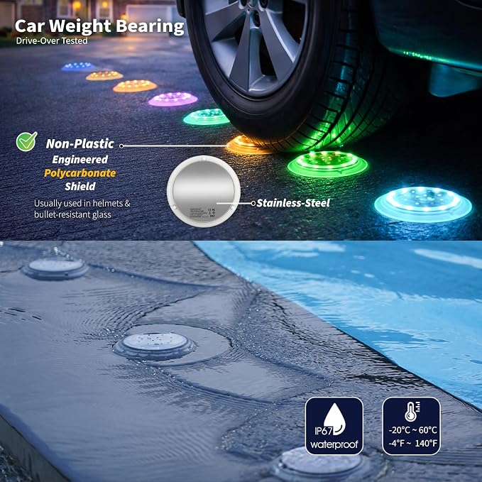 Solar Driveway Lights, 48 LEDs Deck Disc Light, RGB-W, 2Pk | 48 LEDs, Flat Low Profile, Outdoor Waterproof, Car Weight Bearing, Sundeck, Dock, Pool, Path, Sidewalk, 12-Color Changing