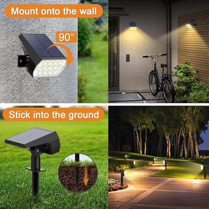 Solar Lights Outdoor, IP68 Waterproof, 65 LED, Warm White, 10 Pack | Long Lasting, 3 Lighting Modes, Auto On/Off, Adjustable Solar Panel, Solar Spot Light for Garden Landscape Yard Outside Tree