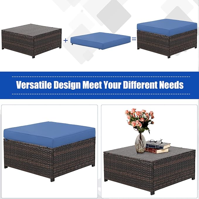 DORTALA 5-Piece Outdoor Patio Conversation Set, Loveseat and 2 Ottoman, Outdoor Sectional Rattan Sofa Set, Multifunctional Rattan Furniture Set Suitable for Home Backyard Garden Poolside Balcony, Navy