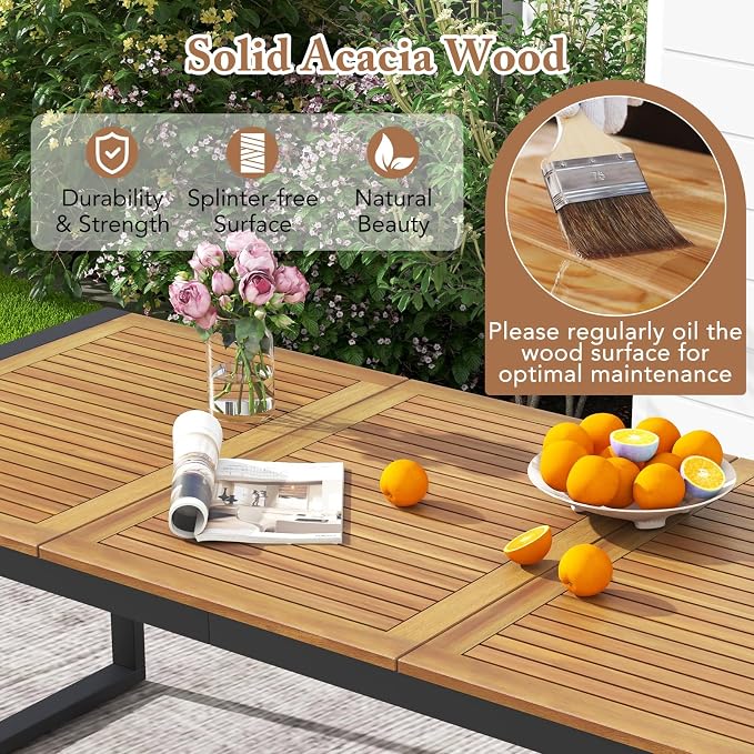 HAPPYGRILL 8-Person Outdoor Acacia Wood Dining Table, 79" x 35.5" Rectangular Patio Dining Table with 2" Umbrella Hole and Sturdy Metal Frame, Outdoor Patio Table for Garden, Deck and Backyard