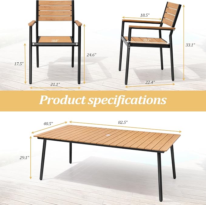 9-Piece Outdoor Dining Set for 8 Person with Teak Wood-Grain Top | Armrest Stackable Chairs with 19.4" Seat Depth, Aluminum Frame Dining Furniture with Umbrella Hole for Deck, Porch & Backyard