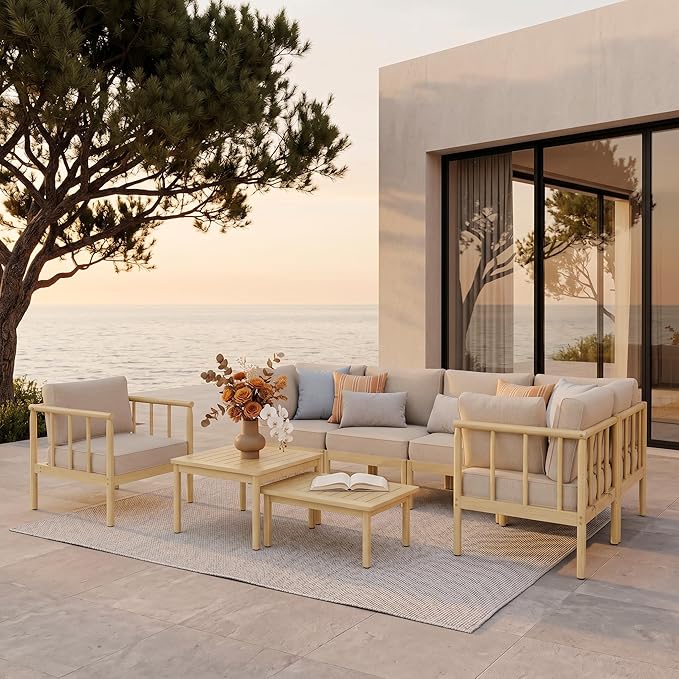SUNSHINE VALLEY Patio Furniture,Acacia Wood Outdoor Sectional Sofa with 5.5" Ultra-Thick Cushions, L Shaped Modular Patio Conversation Set,Lawn Garden Backyard Couch Set with Nesting Tables,Beige