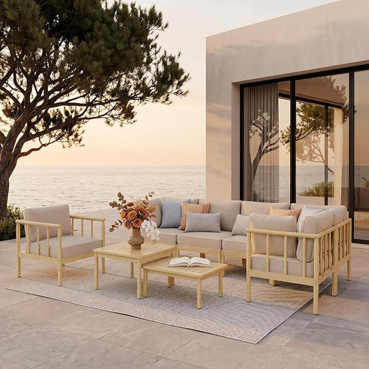SUNSHINE VALLEY Patio Furniture,Acacia Wood Outdoor Sectional Sofa with 5.5" Ultra-Thick Cushions, L Shaped Modular Patio Conversation Set,Lawn Garden Backyard Couch Set with Nesting Tables,Beige