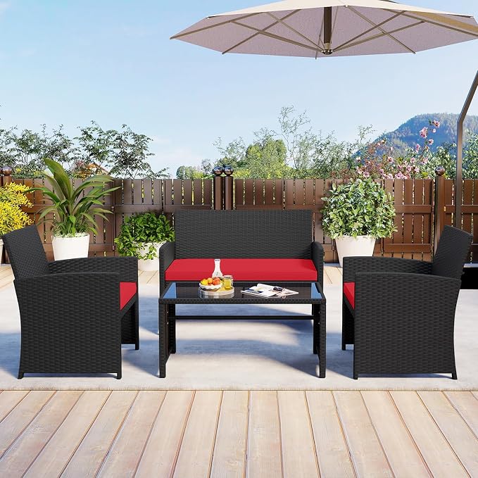 HAPPYGRILL 4 Piece Rattan Wicker Patio Conversation Set, Outdoor Furniture with Chair Loveseat Table & Cushion, for Backyard Porch Balcony (1, Black & Red)