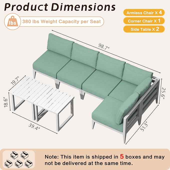 Outdoor Aluminum Patio Furniture Set, 5-Seats Patio Conversation Sofa Set with 1 Corner Sofa and 2 Coffee Tables, All Weather for Pool, Balcony, Garden-White