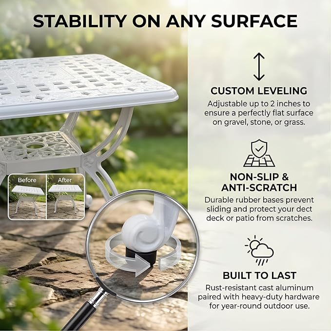 Square Outdoor Coffee Table, Cast Aluminum Side Table with Storage,Indoor End Table, All-Weather Bistro Table for Patio Garden Lawn,White