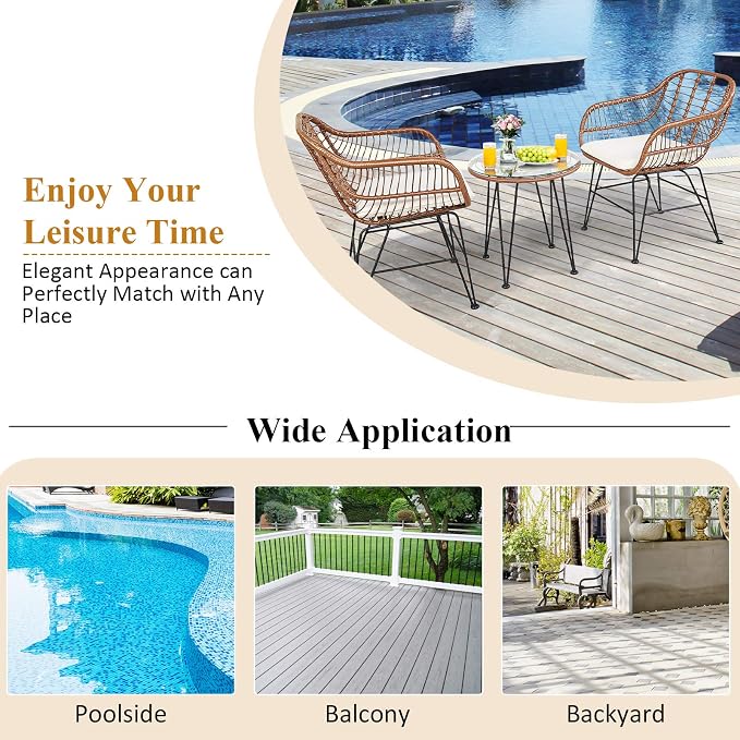 COSTWAY 3 Pieces Patio Bistro Set, Outdoor Rattan Conversation Seating Chair Set with Coffee Table & Soft Cushions, Indoor Wicker Furniture Set for Garden, Balcony, Porch, Pool,Beige