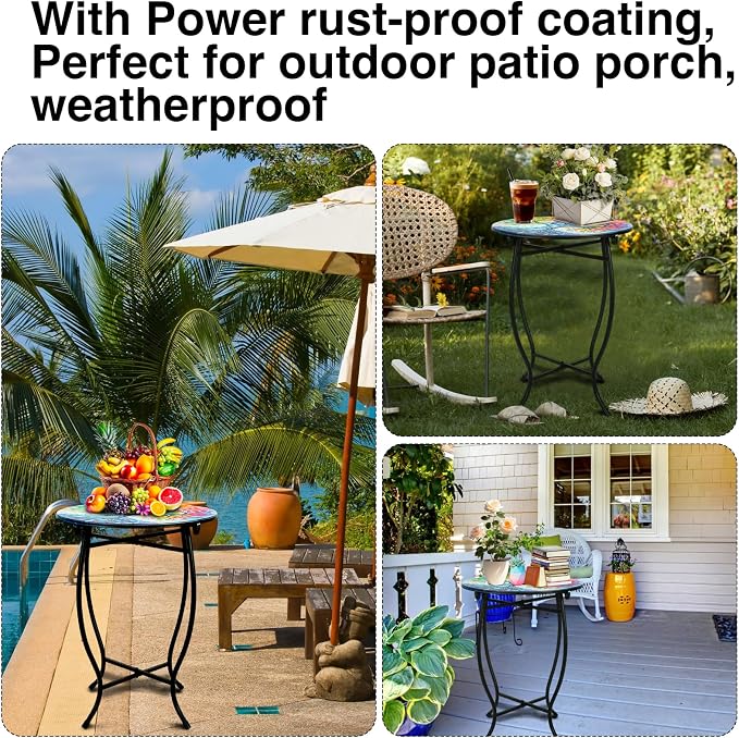 Outdoor Side Table for Small Spaces, 14 Inch Round Metal End Table for Patio Balcony Yard Porch Garden Livingroom, Anti-Rust Waterproof Accent Table for Indoor Outdoor Use, Easy Assembly