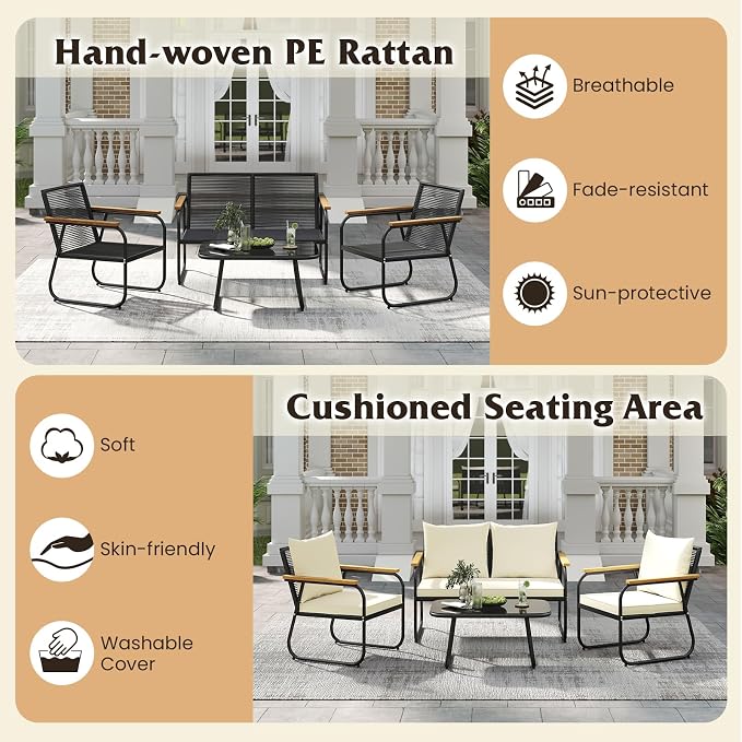 Tangkula 4 Pieces Wicker Patio Furniture Set, Outdoor Conversation Set with Tempered Glass Coffee Table, Rattan Cushioned Chairs with Acacia Wood Armrests for Garden, Yard and Poolside (Off White,2)