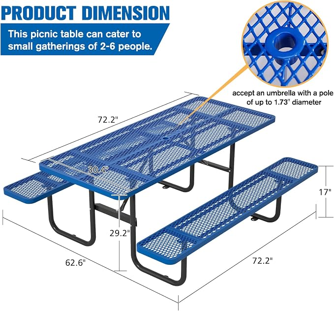 72'' Rectangular Steel Picnic Table for Outdoors,Commercial Metal Picnic Table with Umbrella Hole, Heavy Duty Sturdy Picnic Tables Furniture Set for Patio Garden Courtyard BBQ, Blue