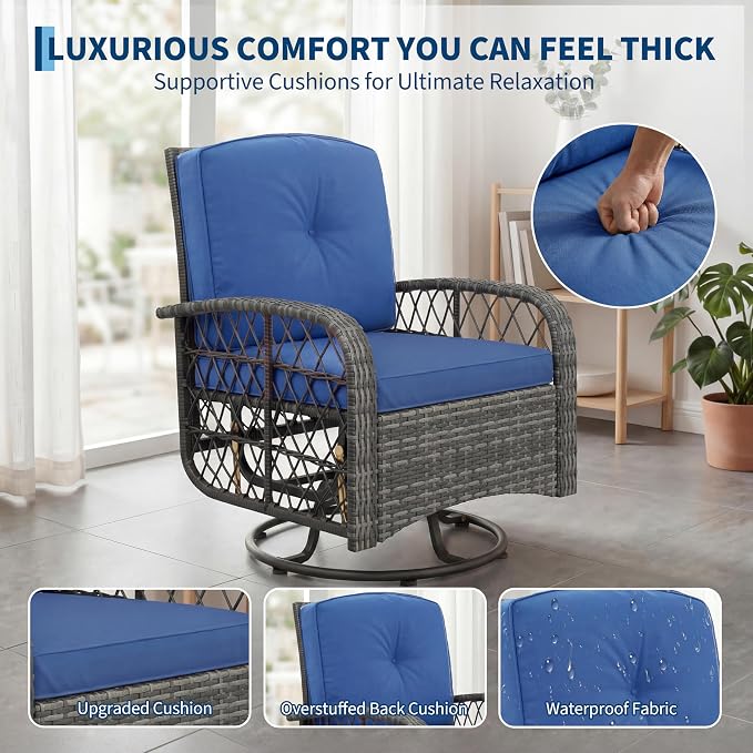 Garvee 3 Pieces Patio Furniture Set, Outdoor Swivel Glider Rocker Set w/Washable Cushion and Tempered Glass Tabletop, Conversation Furniture for Deck Porch Balcony Backyard Garden,Gray & Blue