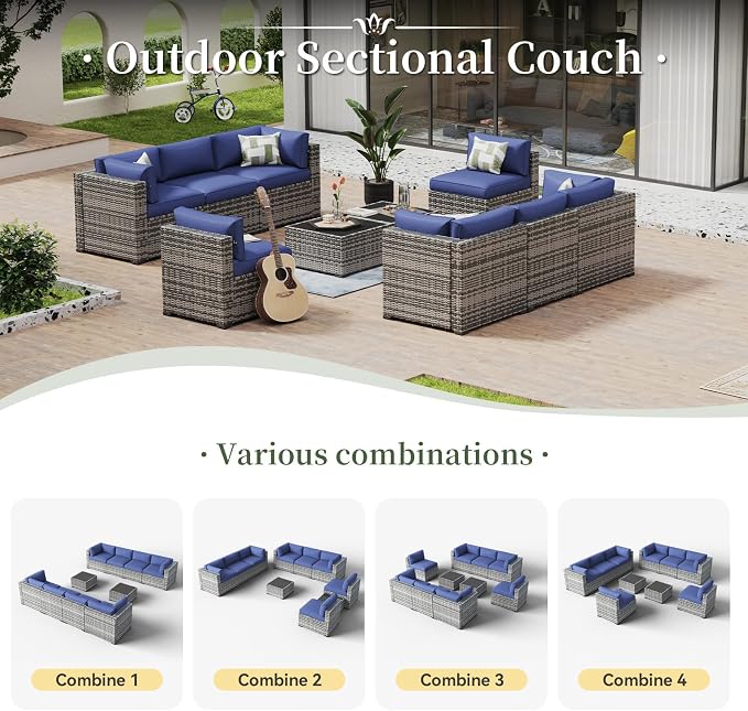 Aoxun 10 Piece Patio Furniture Set Wicker Rattan Patio Conversation Set Outdoor Sectional Sofa Set with Coffee Table and Thickened Cushions, Gray/Blue