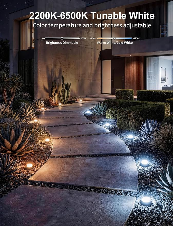 Outdoor Ground Lights 15 Pack, 32FT RGBCW Pathway Lights Wired | Color Changing Landscape Lights, 2200-6500K CCT, IP65 Waterproof, for Path Garden Lawn, Holiday/Party Decor, Alexa Compatible