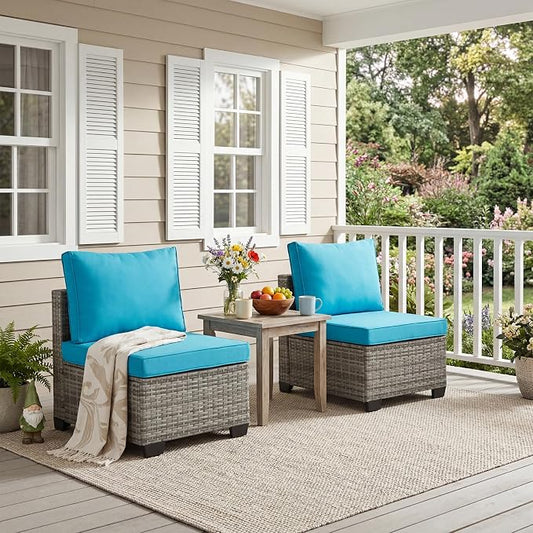 ANJ Outdoor Wicker Patio Chairs Set of 2, Modular Armless Patio Seating with Thick Cushions, All-Weather Rattan Conversation Chair Set for Porch, Balcony, Garden, Backyard, Light Grey Wicker-Turquoise