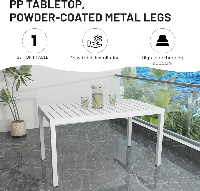 LUMISOL 5 Piece Outdoor Dining Table Set, All Weather Rectangular Table and Chairs Set with Striped Color Block Chairs and Sturdy Metal Legs for Garden, Backyard, Poolside, Beige+Orange+White