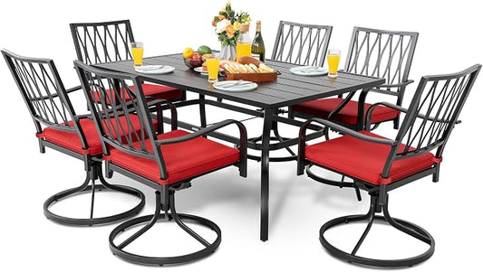 NUU GARDEN 7 Piece Outdoor Dining Set Rectangle Iron Patio Table with Umbrella Hole and 6 Swivel Chairs with Cushions Outdoor Furniture Set for Garden Backyard Black and Red