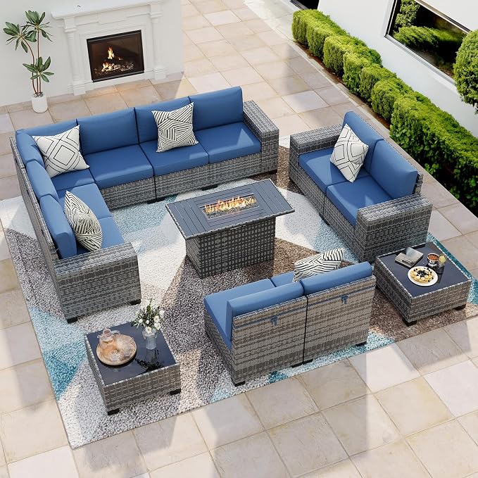 13 Piece Patio Furniture Set with Fire Pit Table, Outdoor Conversation Sets Grey Wicker Rattan Sectional Sofa, 4'' Thickened Cushion Navy Blue