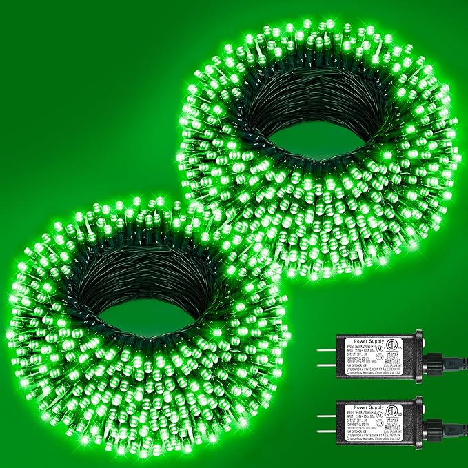 2 Pack Christmas Lights Outdoor, Total 200FT 600 LED Christmas Tree Lights | Green, 8 Modes Waterproof Plug in String Lights for Outside Indoor Yard Garden Xmas Party Holiday Decorations