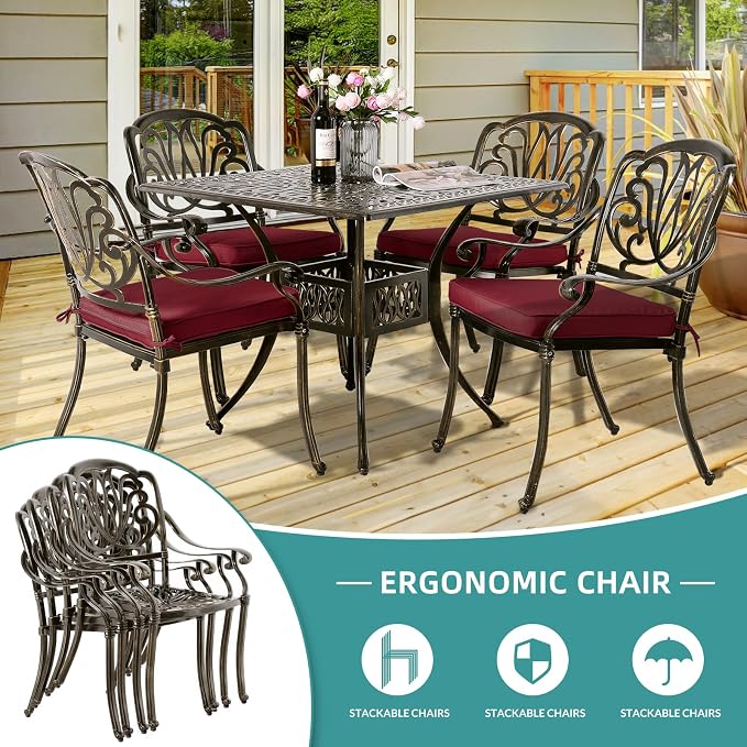 MEETWARM 5-Piece Outdoor Patio Dining Set, All-Weather Cast Aluminum Patio Conversation Set for Backyard Garden Deck with 4 Chairs, 4 Cushions and 35.4" Square Table, 2.2" Umbrella Hole, Chili Red