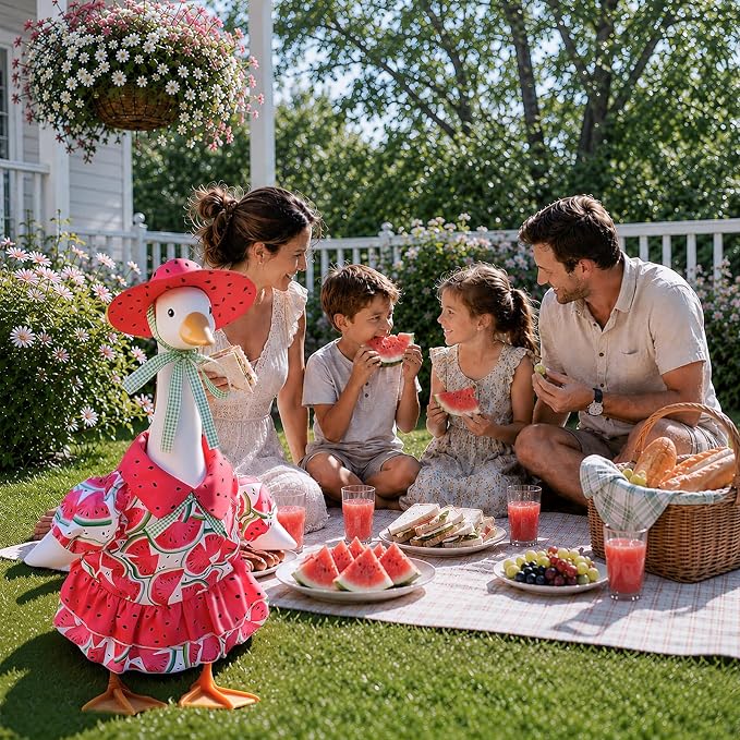 Watermelon Porch Goose Outfit, 23 inch Porch Goose Summer Outfit with Watermelon Dress and Hat, Cute Goose Clothes for Outdoor Garden Yard Patio Lawn Art Decor