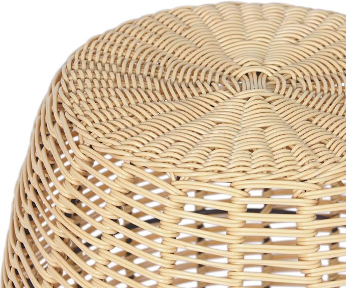 ABBLE Patio Resin Wicker Side Table Yellow Barrel End Table Metal Frame Storage Basket Indoor Outdoor Use, Natural