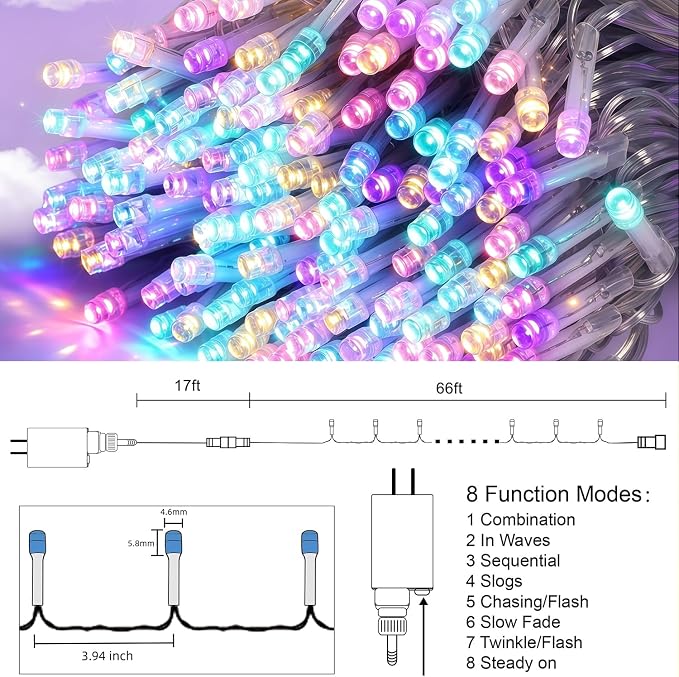 HOME LIGHTING 66ft Easter Decorative Mini Lights, 200 LED Clear Wire Fairy Starry String Lights Plug in, 8 Lighting Mode, Indoor Outdoor Xmas Tree Wedding Party Garden Decoration (Pastel Multicolor)