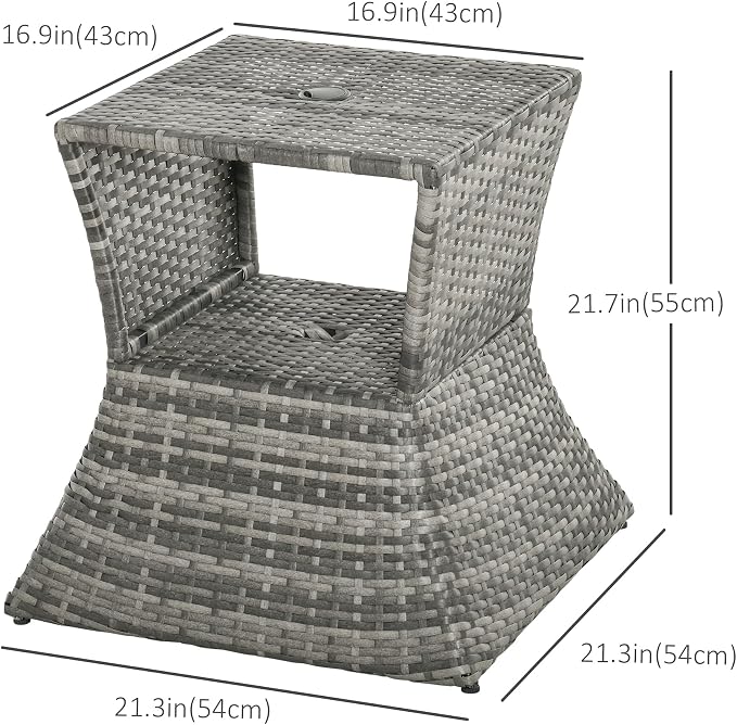 Outdoor Side Table with 1.5" Umbrella Hole, 16.9" Square, 2 Tier Rattan Wicker End Table with Storage Shelf, Lightweight PE Rattan Patio Table for Garden Poolside