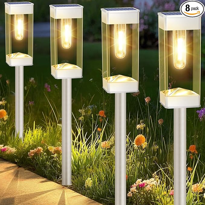 Solar Pathway Lights Outdoor Waterproof Landscape Lighting 8 Pack | Solar Lights Outdoor for Yard Driveway Garden Walkway Lawn Path Decor, Auto On/Off, LED Bright 3000K Tungsten Filament Bulb