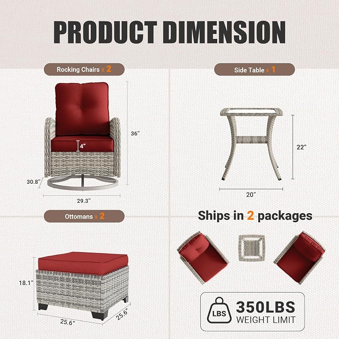 Outdoor Patio Furniture Set Patio Rocking Swivel Chair with Tempered Glass Side Table, Outdoor Wicker Rattan Bistro Set with Ottomans for Garden, Deck, and Balcony, Red