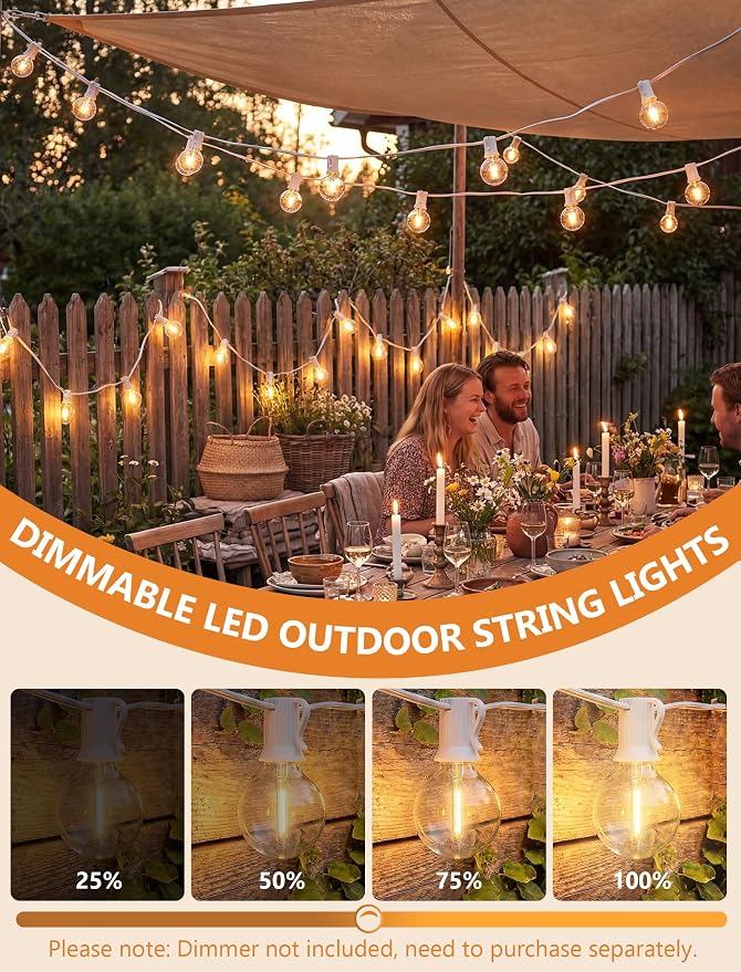 25Ft G40 LED White Outdoor String Lights with 27 Shatterproof Globe Bulbs | IP65 Waterproof Patio Lights Plug In, 2700K Warm White, Connectable Hanging Outdoor Lights for Backyard Wedding Party Bistro