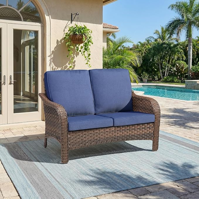 Outdoor Patio Loveseat, All-Weather Hand-Woven PE Wicker 2 Seat Sofa with Thick Cushions, High Back & Deep Seat, Ergonomic Design for Porch, Deck, Balcony, Garden, and Backyard(Blue)