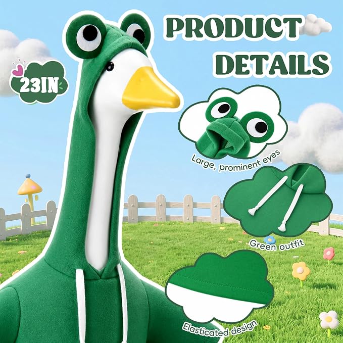 Frog Porch Goose Outfit for 23" Cement Plastic Goose Clothes Green Costume with Horns for 23" Geese Statue Decoration Patio Yard Garden Lawn Outdoor Decors