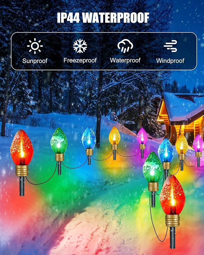 4Pack Jumbo C9 Christmas Pathway Lights Outdoor,Total 34FT C9 Walkway Light | 20 LED Multicolor Bulb Holiday Pathway Light with Marker Stake, Connectable Christmas Lights Outdoor Decoration for Lawn Yard