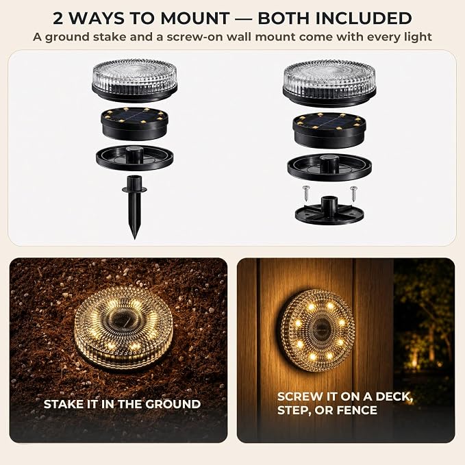 Real Glass Solar Ground Lights, Stake or Wall Mount 2-in-1, 2 Pack | Warm White Disc Lights, Waterproof IP65 Deck Light, Step Fence Garden Lamp, Auto Dusk to Dawn for Driveway Patio Yard