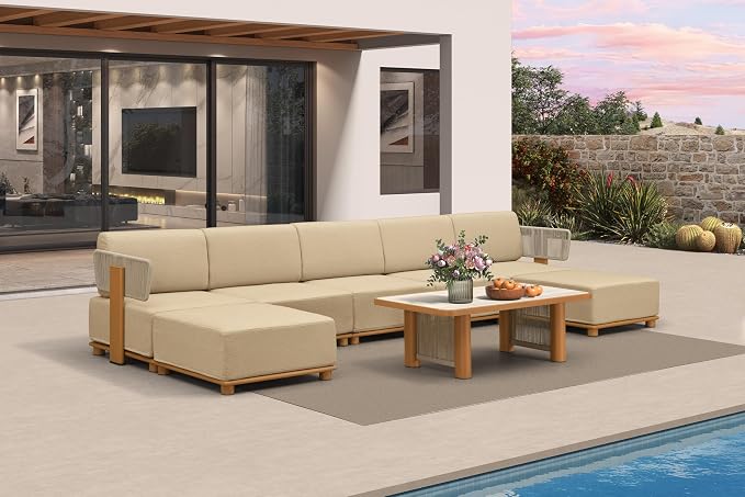 PURPLE LEAF Patio Furniture Set Modular U-Shaped Outdoor Sectional Sofa with 11" Thick Olefin Cushion 8-Piece Outdoor Conversation Set with Ottomans and Table for Backyard Garden Poolside, Beige