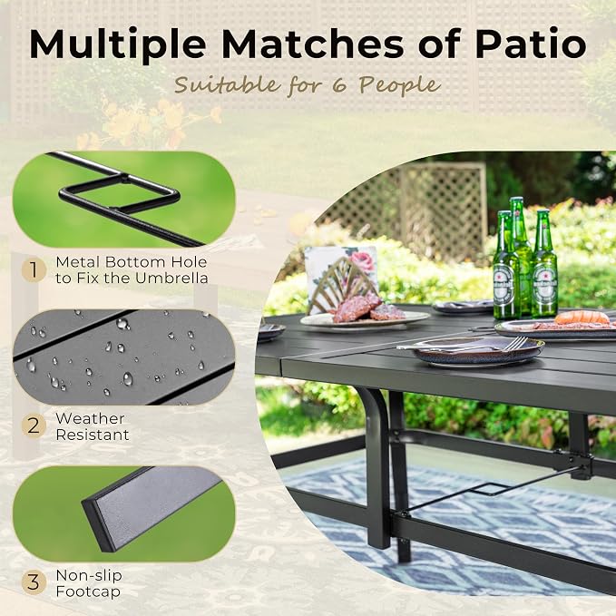 MIXPATIO Outdoor Patio Dining Table for 6, 60" x 37" Rectangular Metal Patio Dining Table with Umbrella Hole for Garden, All Weather Wrought Iron Black Outdoor Table Backyard and Porch, Black