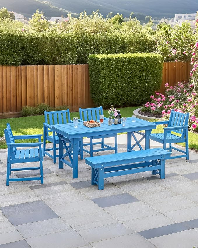 Outdoor HDPE Dining Table Set, 6-Piece Outdoor Patio Dining Sets with Umbrella Hole Table and 1 Bench and 4 Chairs for Backyard, Deck, Garden and Poolside, Blue