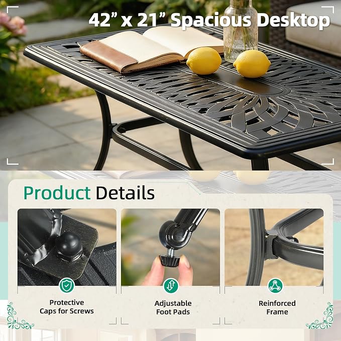 VIVIJASON Cast Aluminum Outdoor Coffee Table, 42 x 21 Inch Rectangular Patio Conversation Table with Lattice Top, Rust-Resistant All-Weather Center Table for Deck, Backyard, Porch, Antique Bronze