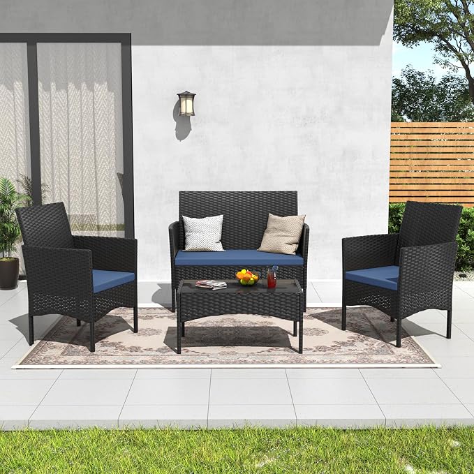 ALAULM 4 Pieces Patio Furnitrue Set Outdoor Patio Conversation Set Wicker Chairs w/Soft Cushions and Glass Coffee Table Outdoor Settees for Backyard, Porch, Poolside(Dark Blue)
